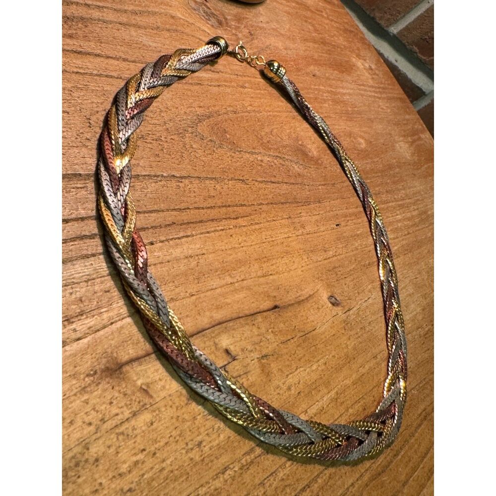 Vintage Tri Tone Braided Chain Necklace Gold Silver Copper